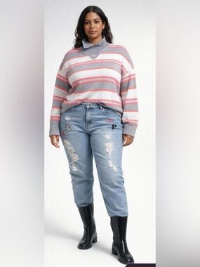 Men's Striped V-Neck Sweater in Gray, White & Coral